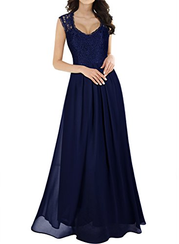 Miusol Damen Aermellos V-Ausschnitt Spitzenkleid Brautjungfer Cocktailkleid Chiffon Faltenrock Langes Kleid Dunkelblau Groesse 48/XXL