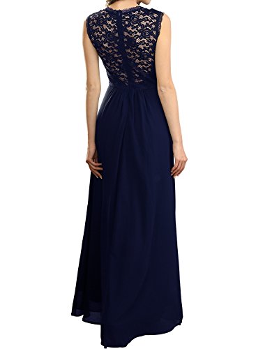 Miusol Damen Aermellos V-Ausschnitt Spitzenkleid Brautjungfer Cocktailkleid Chiffon Faltenrock Langes Kleid Dunkelblau Groesse 48/XXL - 2