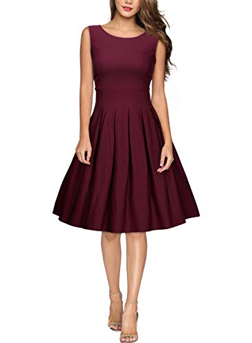 Miusol Damen Elegant Rundhals Traegerkleid 1950er Retro Cocktailkleid Faltenrock Kleid weinrot Groesse S