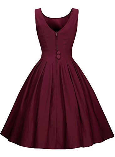 Miusol Damen Elegant Rundhals Traegerkleid 1950er Retro Cocktailkleid Faltenrock Kleid weinrot Groesse S - 2
