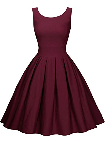 Miusol Damen Elegant Rundhals Traegerkleid 1950er Retro Cocktailkleid Faltenrock Kleid weinrot Groesse S - 5