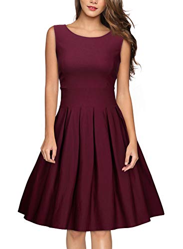 Miusol Damen Elegant Rundhals Traegerkleid 1950er Retro Cocktailkleid Faltenrock Kleid weinrot Groesse S - 4