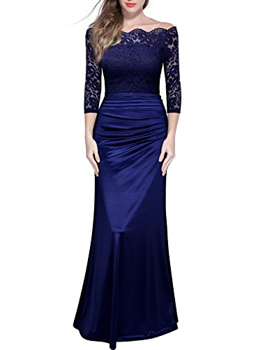 Miusol Damen Elegant Cocktailkleid Spitzen Vintage Kleid Off Schulter Brautjungfer Langes Abendkleid Dunkelblau Gr.S