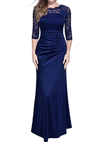 Miusol Damen Elegant Abendkleid Rundhals Dunkelblaue Spitzen Brautjungfer Cocktailkleid Vintage Cocktailkleid Langes Kleid Dunkelblau Gr.L