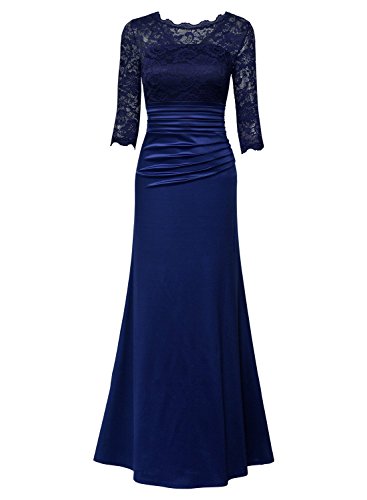 Miusol Damen Elegant Abendkleid Rundhals Dunkelblaue Spitzen Brautjungfer Cocktailkleid Vintage Cocktailkleid Langes Kleid Dunkelblau Gr.L - 5