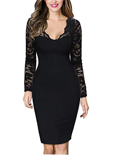 Miusol Damen elegant Abendkleid Spitzen V-Ausschnitt Cocktail Ballkleid Langarm Kleid schwarz/Weiß Gr.34-46 (EU 46 (XXL), Schwarz)