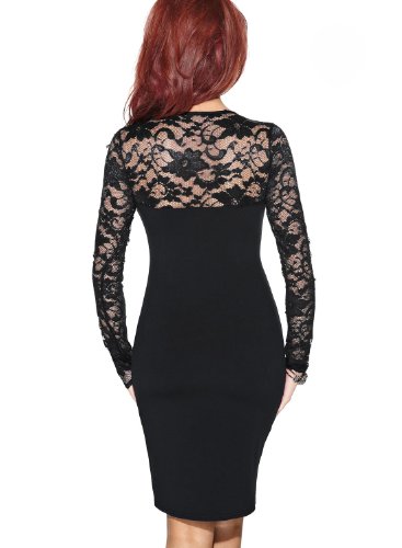 Miusol Damen elegant Abendkleid Spitzen V-Ausschnitt Cocktail Ballkleid Langarm Kleid schwarz/Weiß Gr.34-46 (EU 46 (XXL), Schwarz) - 2