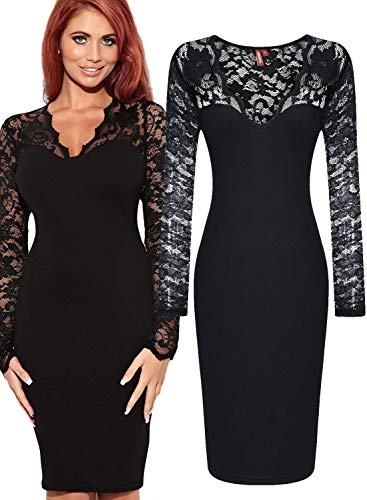 Miusol Damen elegant Abendkleid Spitzen V-Ausschnitt Cocktail Ballkleid Langarm Kleid schwarz/Weiß Gr.34-46 (EU 46 (XXL), Schwarz) - 4