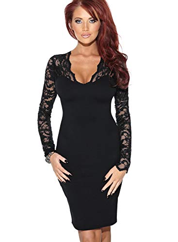 Miusol Damen elegant Abendkleid Spitzen V-Ausschnitt Cocktail Ballkleid Langarm Kleid schwarz/Weiß Gr.34-46 (EU 46 (XXL), Schwarz) - 5