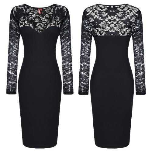 Miusol Damen elegant Abendkleid Spitzen V-Ausschnitt Cocktail Ballkleid Langarm Kleid schwarz/Weiß Gr.34-46 (EU 46 (XXL), Schwarz) - 6