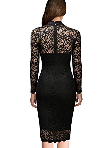 Miusol Damen Spitzen Cocktailkleid Elegant Abendkleid Brautjungfer Ballkleid Rundhals Langarm Stretch Kleider Schwarz Gr.M -