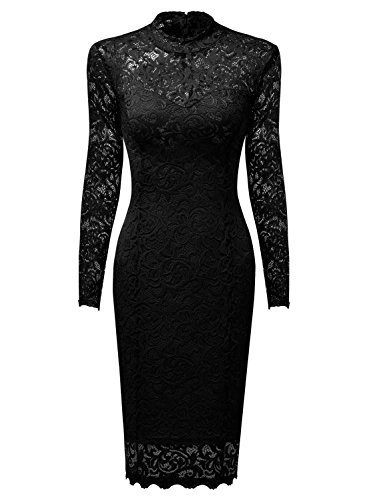 Miusol Damen Spitzen Cocktailkleid Elegant Abendkleid Brautjungfer Ballkleid Rundhals Langarm Stretch Kleider Schwarz Gr.M -