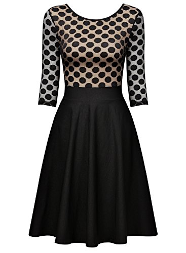 Miusol Damen Elegant Abendkleid Vintag 50er Kleider mit Polka Dots Spitzen Partykleid 3/4 Arm Knielang Rockabilly Kleid Schwarz Gr.S -