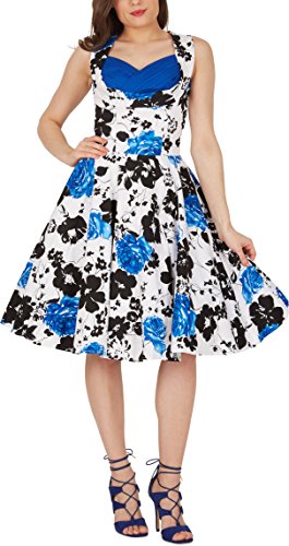 Black Butterfly 'Aura' Classic Serenity Kleid im 50er-Jahre-Stil (Weiß & Blau, EUR 36 - XS)