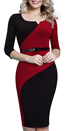 HOMEYEE Frauen elegantes Retro Patchwork beiläufiges Weinlese Abend Abnutzungs Partei Kleid B358(EU 38 = Size M,Rot + Schwarz)