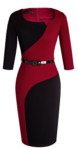 HOMEYEE Frauen elegantes Retro Patchwork beiläufiges Weinlese Abend Abnutzungs Partei Kleid B358(EU 38 = Size M,Rot + Schwarz) - 2