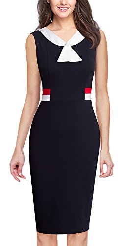 HOMEYEE Frauen elegante ärmellose Revers Hohe Taille schlanke Bodycon formale Retro Vintage Kleid B314(EU 38 = Size M,Schwarz)