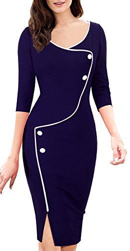 Homeyee Frauen elegante dunkelblaue Knopf Hülsen-dünne Abend-Partei-Geschäfts, figurbetontes Kleid B329 (EU 36 = Size S, Dunkelblau) - 2