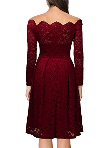 Miusol Damen Vintage 1950er Off Schulter Cocktailkleid Retro Spitzen Schwingen Pinup Rockabilly Kleid Rot Gr.3XL - 