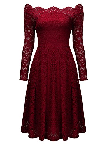 Miusol Damen Vintage 1950er Off Schulter Cocktailkleid Retro Spitzen Schwingen Pinup Rockabilly Kleid Rot Gr.3XL - 