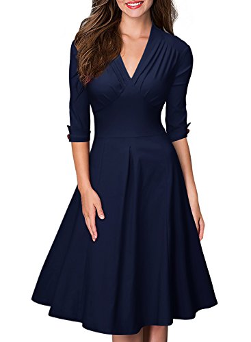 Miusol Damen 3/4 Arm Sommer Rockabilly Cocktailkleid Stretch Business retro 50er Jahre Kleid Blau Groesse 3XL