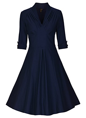 Miusol Damen 3/4 Arm Sommer Rockabilly Cocktailkleid Stretch Business retro 50er Jahre Kleid Blau Groesse 3XL - 