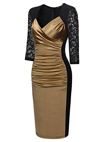 Miusol Damen Elegant Sommer Kleid Spitzen 3/4 Arm Wickelkleid Cocktailkleid Gold Gr.XXL -