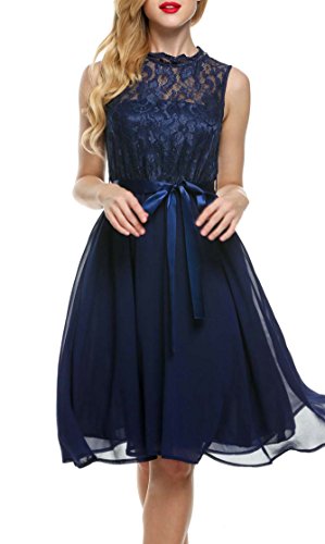 Meaneor Damen Elegant Cocktailkleid Spitze Chiffonkleid Brautjungfernkleid Hochzeit Dunkelblau A-Linie Ärmellos Knielang Gürtel