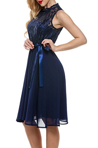 Meaneor Damen Elegant Cocktailkleid Spitze Chiffonkleid Brautjungfernkleid Hochzeit Dunkelblau A-Linie Ärmellos Knielang Gürtel - 