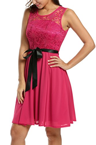 Meaneor Damen Elegant Cocktailkleid Chiffon Sommerkleid Spitze Brautjungfernkleid Hochzeit A-Linie Ärmellos Knielang Gürtel - 