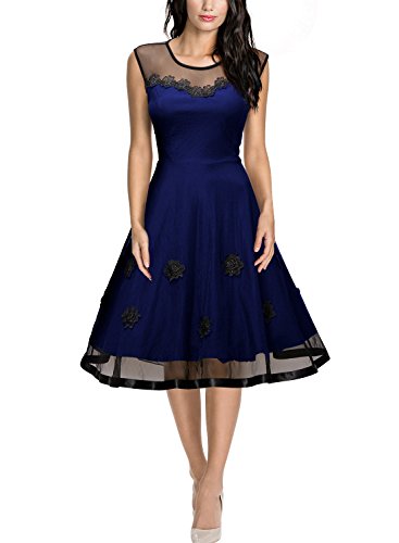 Missmay Damen Rundhals Knielang Abendkleid Cocktail Ballkleid Blau Gr.L