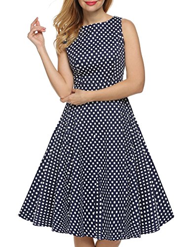 VKStar®Vintage 1950s A-Linie Klassisch Frauen Retro Drucken Blumen Audrey Hepburn Dress Abendkleid Cocktailkleid DunkelblauM