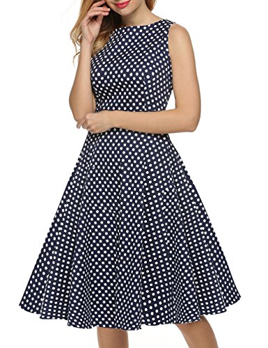 VKStar®Vintage 1950s A-Linie Klassisch Frauen Retro Drucken Blumen Audrey Hepburn Dress Abendkleid Cocktailkleid DunkelblauM - 
