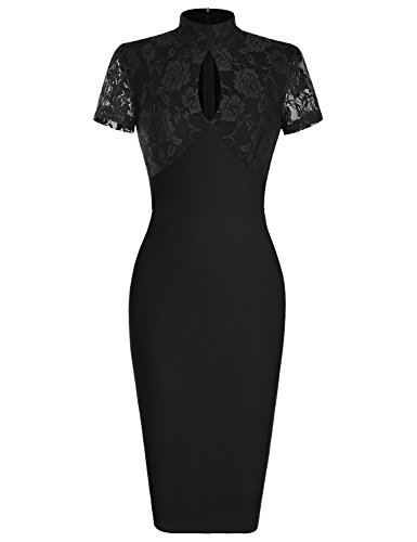 MUXXN Damen 1950er Retro knielang Cocktailparty Spitzenkleid Bleistiftkleid(S,Black)