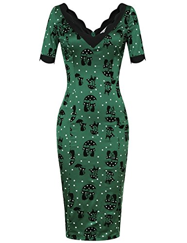 MUXXN Damen Bodycon Kleider Freizeit 3/4-Arm V-Ausschnitt Party Bleistift Kleid(M, Green Cat)