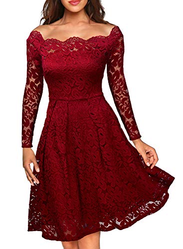 Miusol Damen Vintage 1950er Off Schulter Cocktailkleid Retro Spitzen Schwingen Pinup Rockabilly Kleid Rot Gr.M