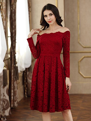 Miusol Damen Vintage 1950er Off Schulter Cocktailkleid Retro Spitzen Schwingen Pinup Rockabilly Kleid Rot Gr.M - 8