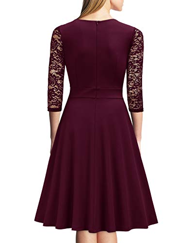 Miusol? Damen Abendkleid Elegant Cocktailkleid Vintage Kleider 3/4 Arm mit Spitzen Knielang Party Kleid Weinrot Gr.S - 2