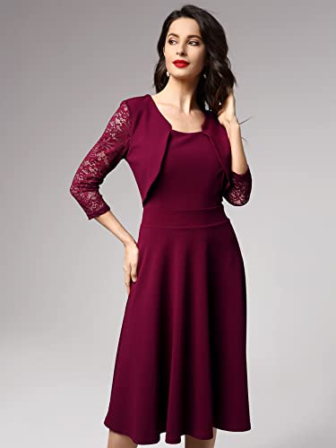 Miusol? Damen Abendkleid Elegant Cocktailkleid Vintage Kleider 3/4 Arm mit Spitzen Knielang Party Kleid Weinrot Gr.S - 4