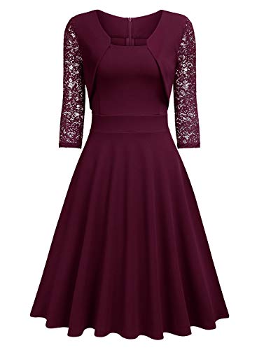 Miusol? Damen Abendkleid Elegant Cocktailkleid Vintage Kleider 3/4 Arm mit Spitzen Knielang Party Kleid Weinrot Gr.S - 6