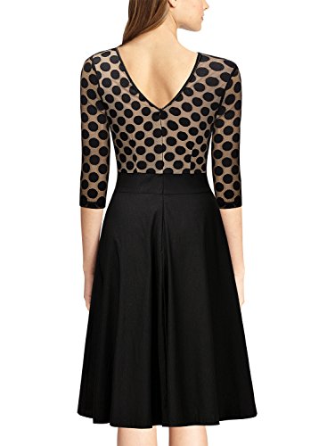 Miusol Damen Elegant Abendkleid Vintag 50er Kleider mit Polka Dots Spitzen Partykleid 3/4 Arm Knielang Rockabilly Kleid Schwarz Gr.M - 
