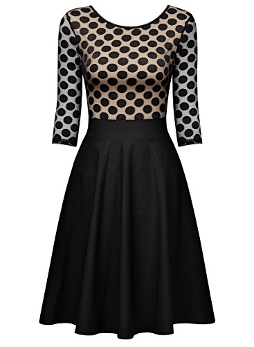 Miusol Damen Elegant Abendkleid Vintag 50er Kleider mit Polka Dots Spitzen Partykleid 3/4 Arm Knielang Rockabilly Kleid Schwarz Gr.M - 