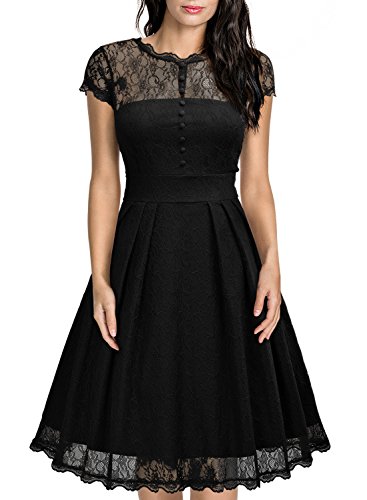 Miusol Damen Elegant Spitzenkleid Cocktailkleid Knielanges Vintage 50er Jahr Abendkleid Schwarz Gr.L