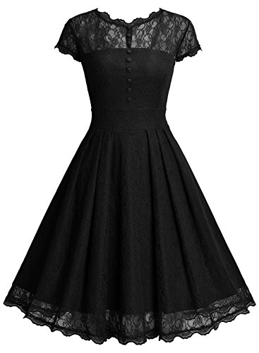 Miusol Damen Elegant Spitzenkleid Cocktailkleid Knielanges Vintage 50er Jahr Abendkleid Schwarz Gr.L - 2