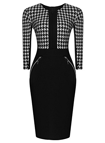 Miusol Damen Kleid Mit 3/4-Arm Hahnentritt Muster mit Reissverschluss vorne?Business Abendkleider Schwarz EU 38/M - 3