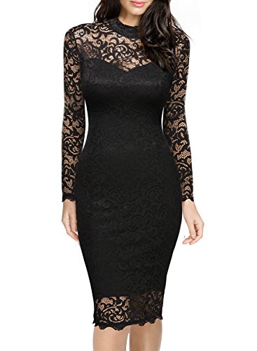 Miusol Damen Spitzen Cocktailkleid Elegant Abendkleid Brautjungfer Ballkleid Rundhals Langarm Stretch Kleider Schwarz Gr.L