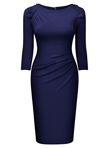 Miusol Damen Abendkleid Rundhals Elegant Kleid 3/4 Arm Etuikleid Cocktailkleid Blau Gr.M - 4