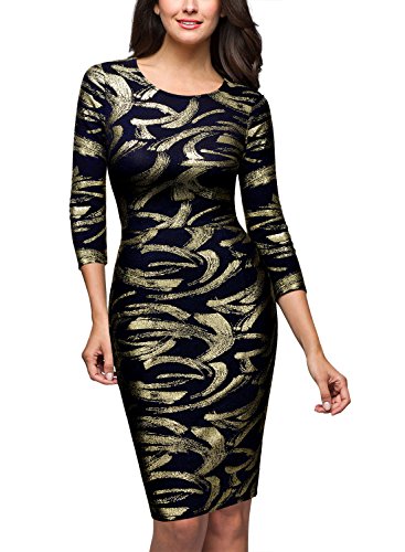 Miusol Damen Cocktail 3/4 Arm Foliendruck Stretch Etuikleid Party Kleid Schwarz Gr.L