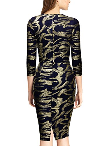 Miusol Damen Cocktail 3/4 Arm Foliendruck Stretch Etuikleid Party Kleid Schwarz Gr.L - 
