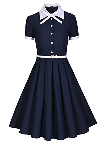 Miusol Damen Schulmaedchen Revers mit Schleife Marine Stil Rockabilly Cocktailkleid Business 80er Jahr Kleid Blau Gr.M